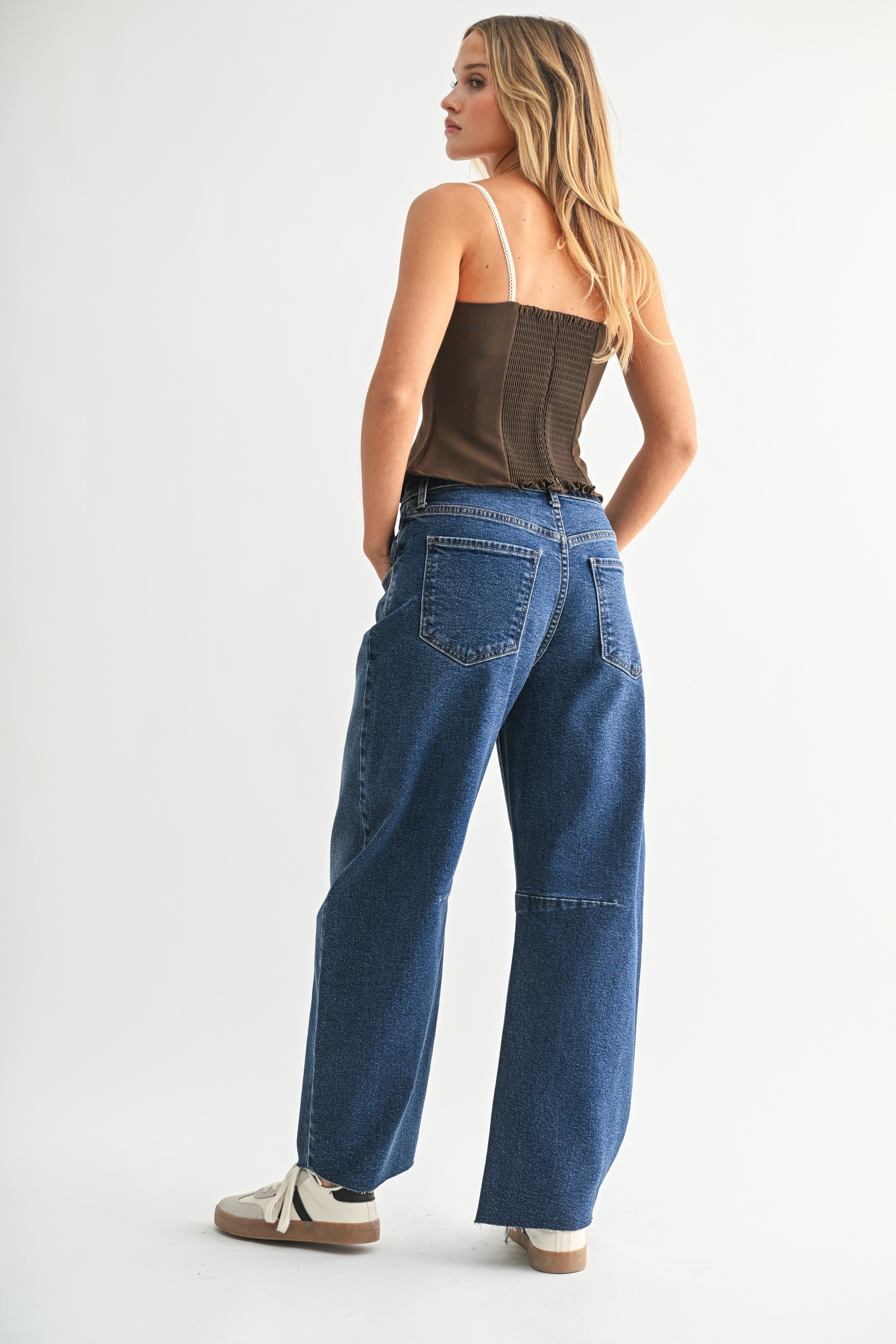 Dark Denim Barrel Jean With Seams