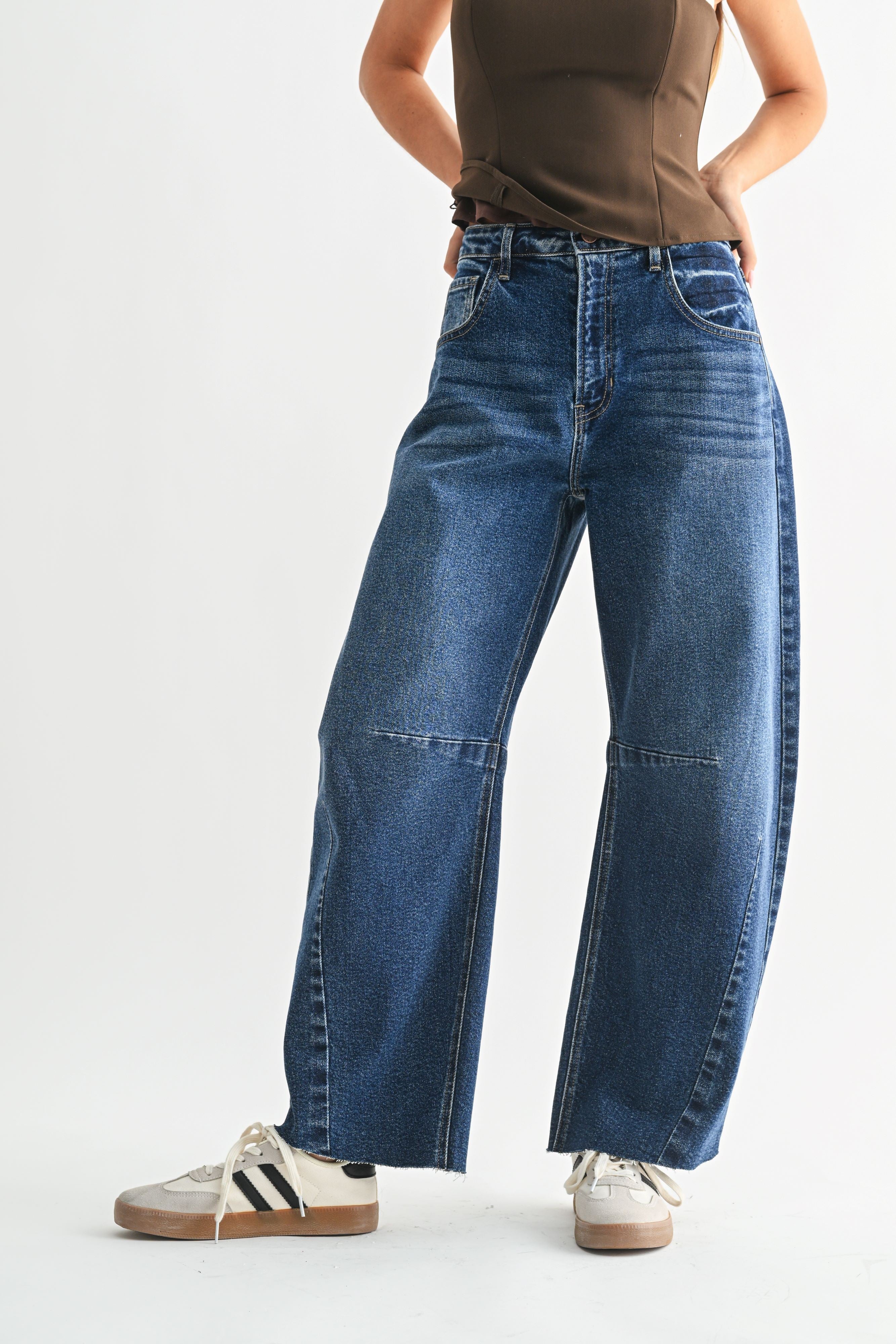 Dark Denim Barrel Jean With Seams