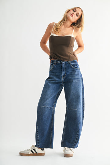 Dark Denim Barrel Jean With Seams