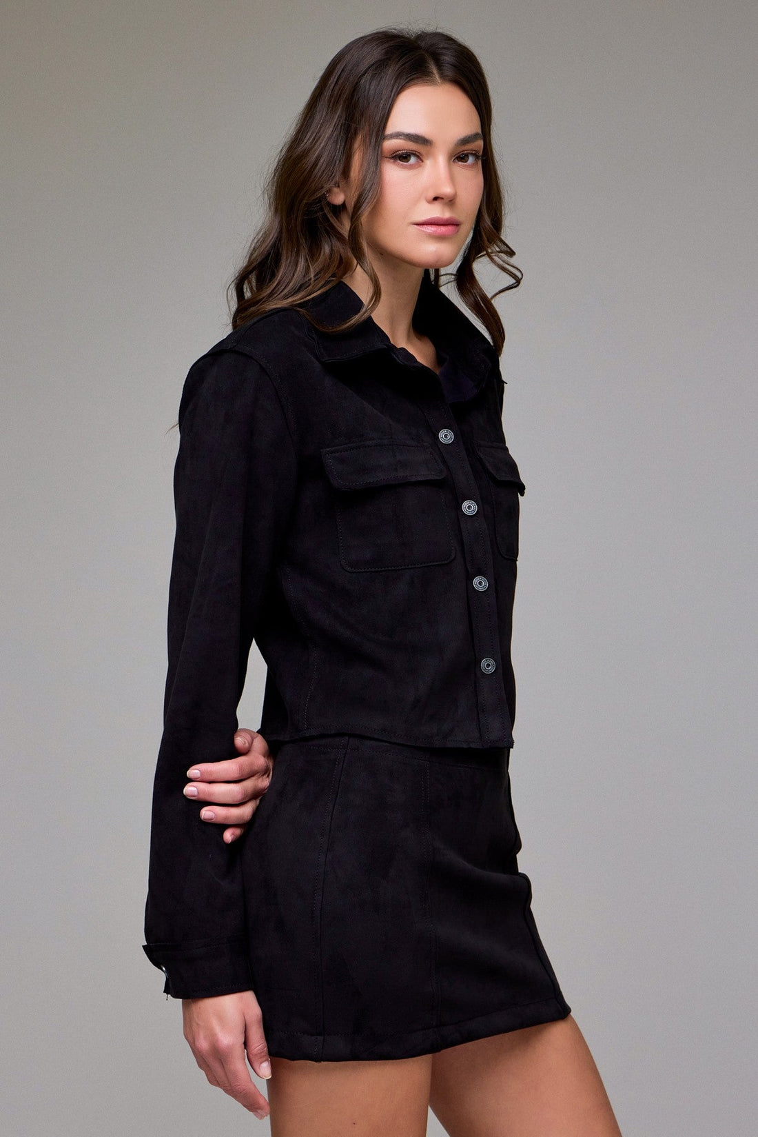 Suede Black Shrunken Suede Button-Up