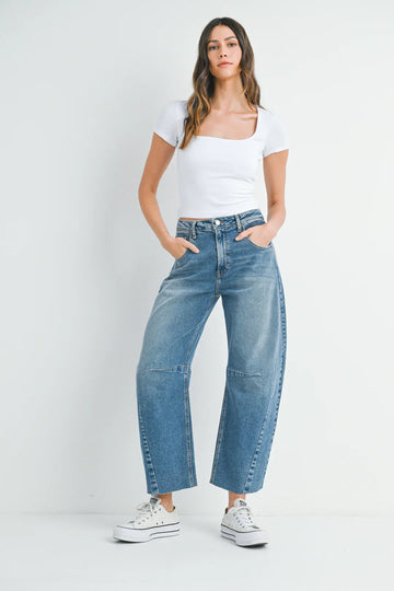 Medium Denim Barrel Jean With Seams