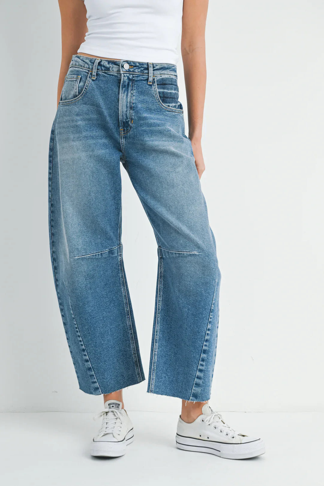 Medium Denim Barrel Jean With Seams